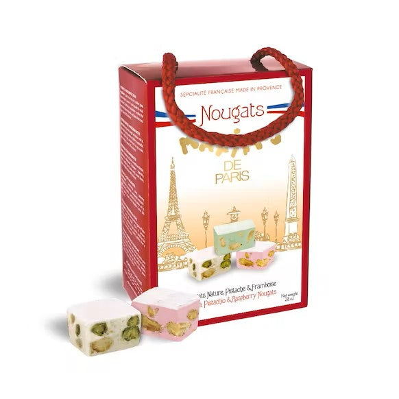Ballotin van 12 naturel pistache en frambozen nougat