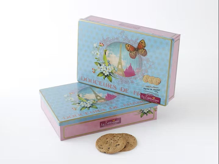 Zandkoekjes met chocoladestukjes | in blauwe doos "Parijs" | 6x25g