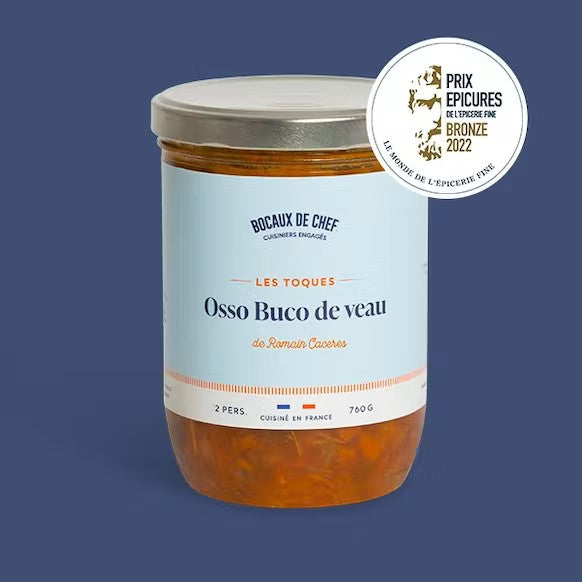 Osso Buco van Franse kalfsschenkel gestoofd met tomaat en citrusvruchten en het beenmerg. Van Bocaux de Chef. Winnaar van de EPICURE BRONZE AWARD 2022