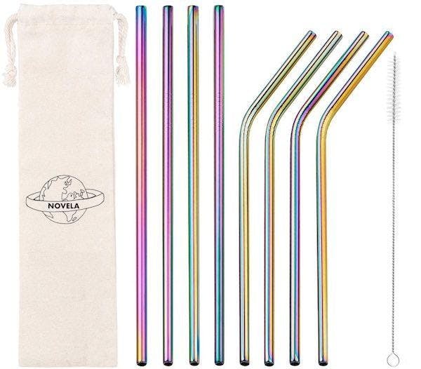 STAINLESS STEEL RAINBOW STRAWS SET OF 8 WITH FREE POUCH - STRAIGHT AND CURVED SET OF 8 by Novela available at Les Belles Saveurs.