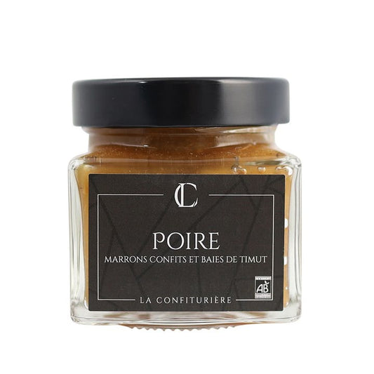 PEARS WITH CONFIT CHESTNUTS AND TIMUT BERRY (200G) by La Confiturière available at Les Belles Saveurs.