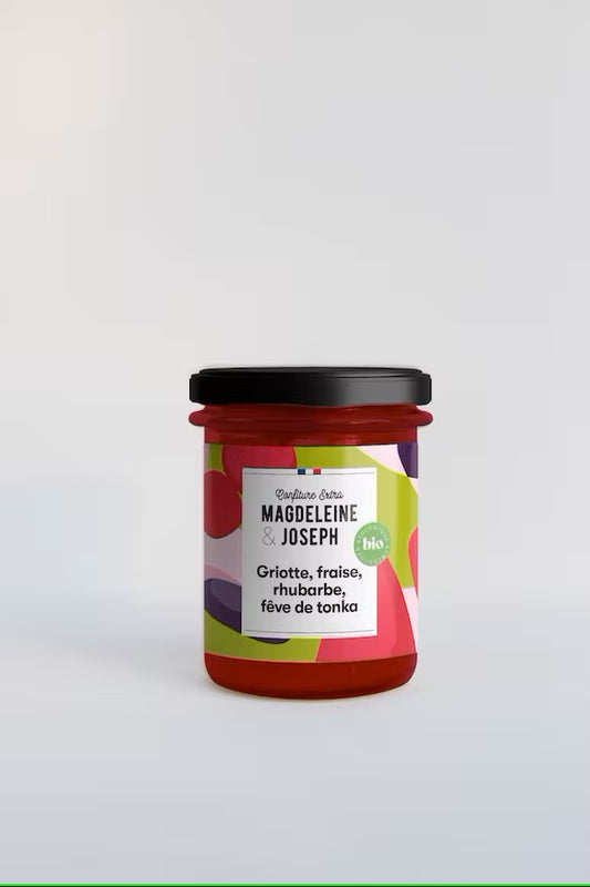 Jam: zure kers, aardbei, rabarber, biologische tonkaboon