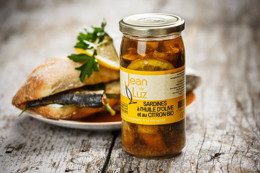 ORGANIC OLIVE OIL AND LEMON SARDINES by JEAN de LUZ available at Les Belles Saveurs.