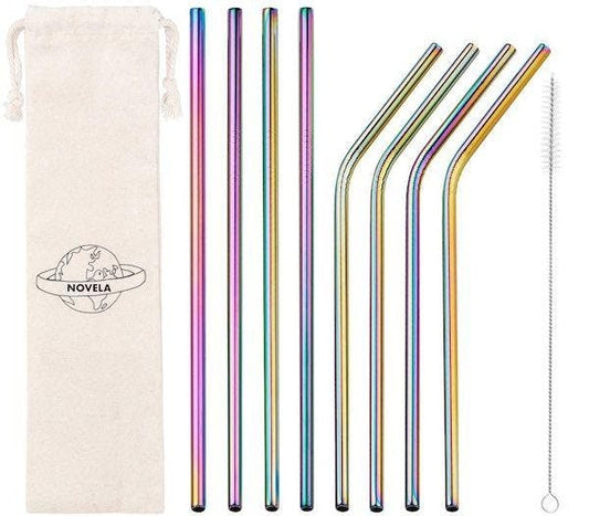 STAINLESS STEEL RAINBOW STRAWS SET OF 8 WITH FREE POUCH - STRAIGHT AND CURVED SET OF 8 by Novela available at Les Belles Saveurs.