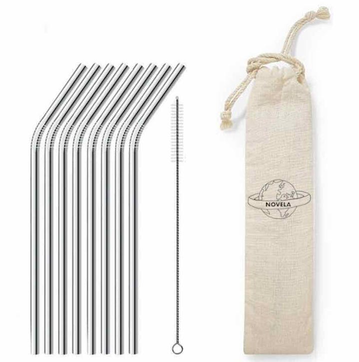 STAINLESS STEEL CURVED SILVER STRAWS SET OF 8 WITH FREE POCKET AND PIN by Novela available at Les Belles Saveurs.