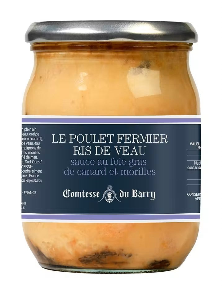 Kalfszwezerik met scharrelkip in foie gras-saus met morieljes